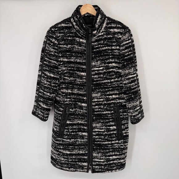 Carlisle Womens Black Tweed Coat jacket Zip wool blend leather trim Size 12 - Picture 4 of 13